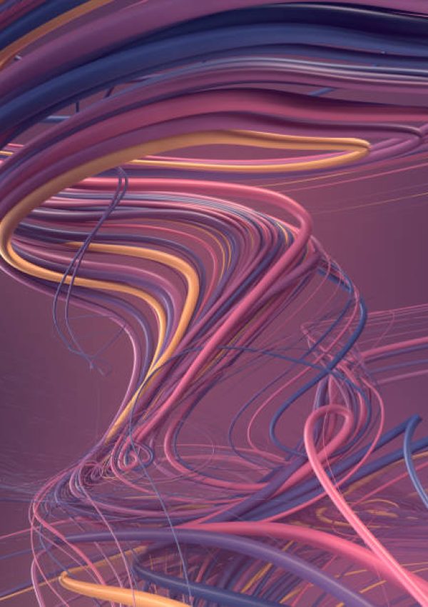 Abstract colored strands blue and pink lines pattern. 3D rendering